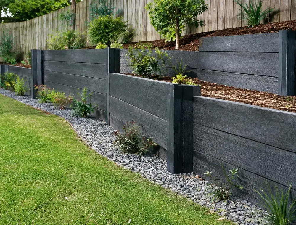 Concrete sleeper retaining walls terracing a garden (indicative image)